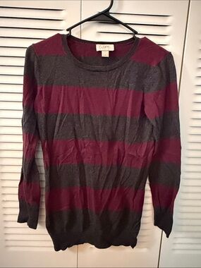 LOFT Burgundy & Charcoal Striped Lightweight Sweater